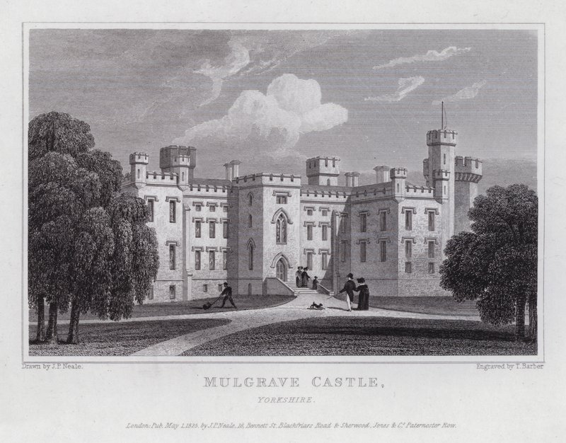 Zamek Mulgrave, Yorkshire (grawerowanie) autorstwa John Preston Neale