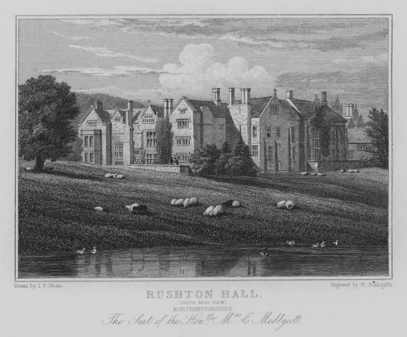 Rushton Hall, South West View, Northamptonshire, Siedziba Szanownej Pani C. Medlycott (grafika) autorstwa John Preston Neale