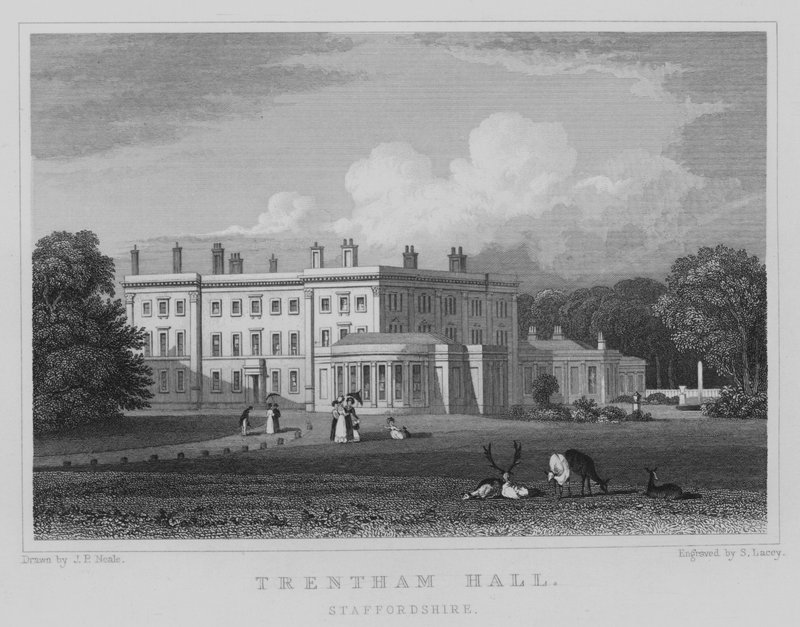 Trentham Hall, Staffordshire (grawerowanie) autorstwa John Preston Neale