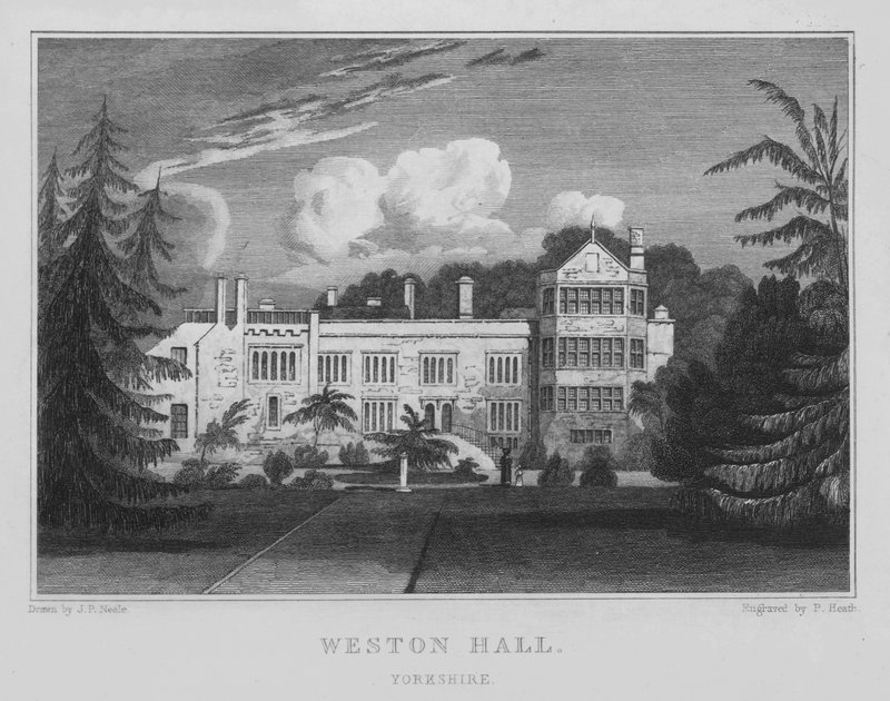 Weston Hall, Yorkshire (grawerowanie) autorstwa John Preston Neale