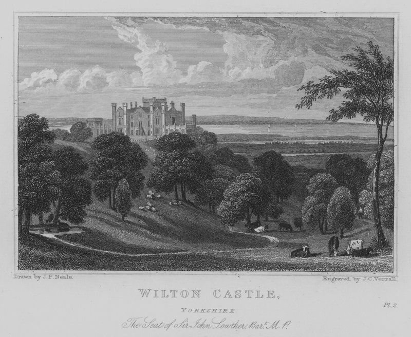 Wilton Castle, Yorkshire, siedziba Sir Johna Lowthera, Baroneta, MP (grawerowanie) autorstwa John Preston Neale
