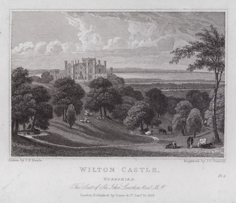 Wilton Castle, Yorkshire, siedziba Sir Johna Lowthera (grafika) autorstwa John Preston Neale