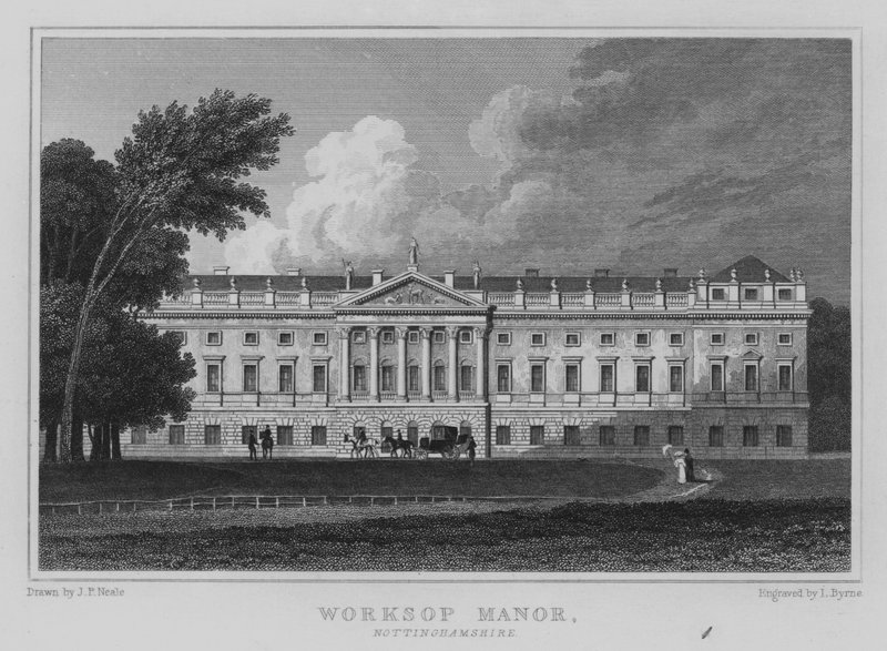 Worksop Manor, Nottinghamshire (grawerowanie) autorstwa John Preston Neale