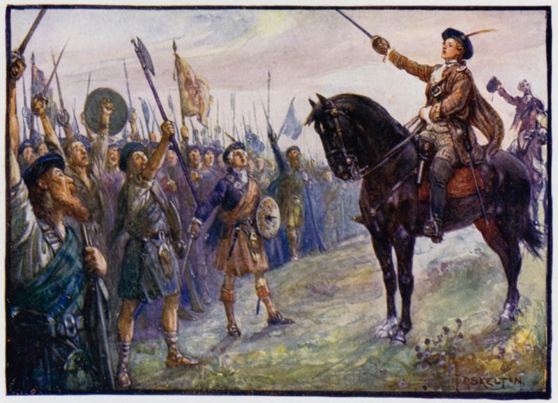 25-letni Bonnie Prince Charlie przemawiający do swoich żołnierzy, Jakobite Powstanie z 1745 r. autorstwa J. R. Skelton