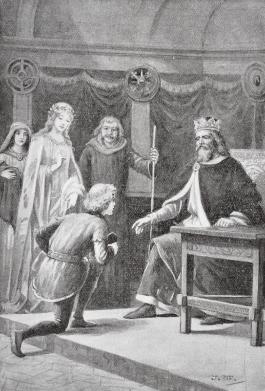 Gareth przybył, aby poprosić o drugą przysługę, aby został jednym z rycerzy króla i mógł pomóc damie (litho) autorstwa J. Williamson