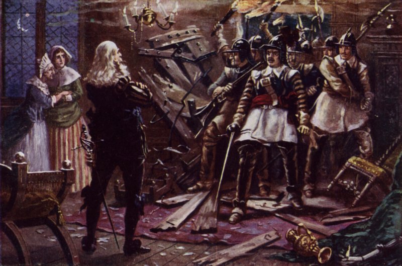 Parlamentarni żołnierze Olivera Cromwella włamujący się do domu zwolennika króla Karola I (kolor lito) autorstwa J. Williamson