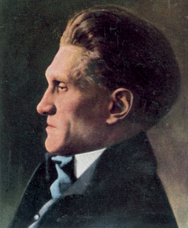 Stefan George, niemiecki poeta (kolorowa litografia) autorstwa Jacob Hilsdorf