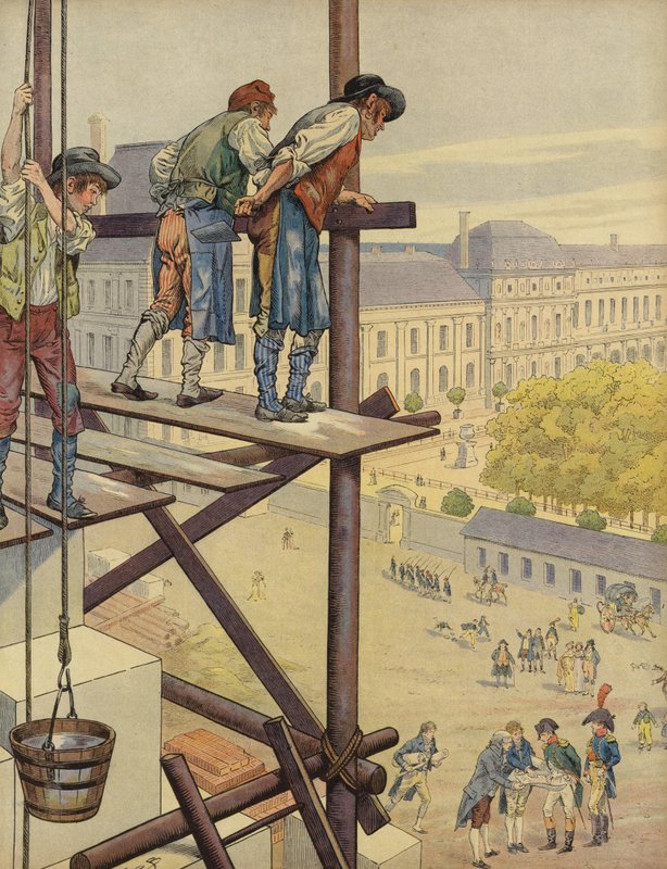 Robotnicy budowlani spoglądają w dół z rusztowania na Place des Pyramides autorstwa Jacques Marie Gaston Onfray de Breville (Job)