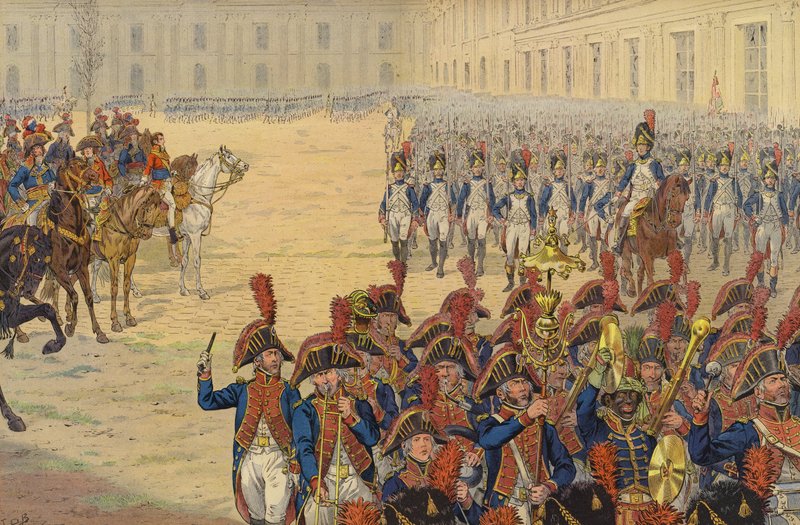 Pierwszy przegląd gwardii konsularnej na placu apelowym w Pałacu Tuileries autorstwa Jacques Marie Gaston Onfray de Breville (Job)