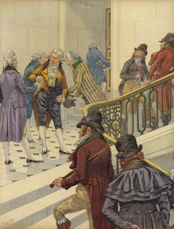 Francuscy emigranci witają z powrotem we Francji w Pałacu Tuileries w Paryżu autorstwa Jacques Marie Gaston Onfray de Breville (Job)