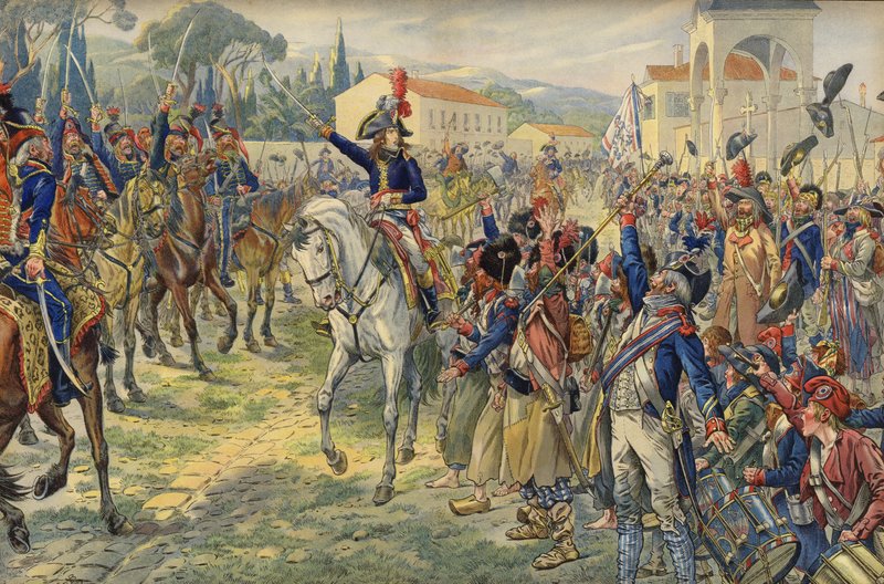 Napoleon Bonaparte po przybyciu do okupowanego miasta Nicei autorstwa Jacques Marie Gaston Onfray de Breville (Job)