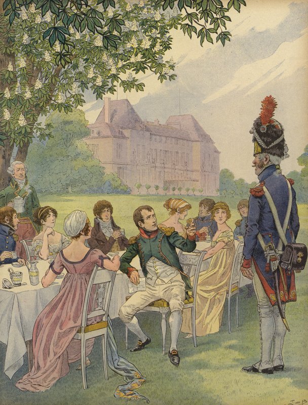 Napoleon Bonaparte i Josephine na przyjęciu w ogrodzie na terenie Chateau de Malmaison autorstwa Jacques Marie Gaston Onfray de Breville (Job)