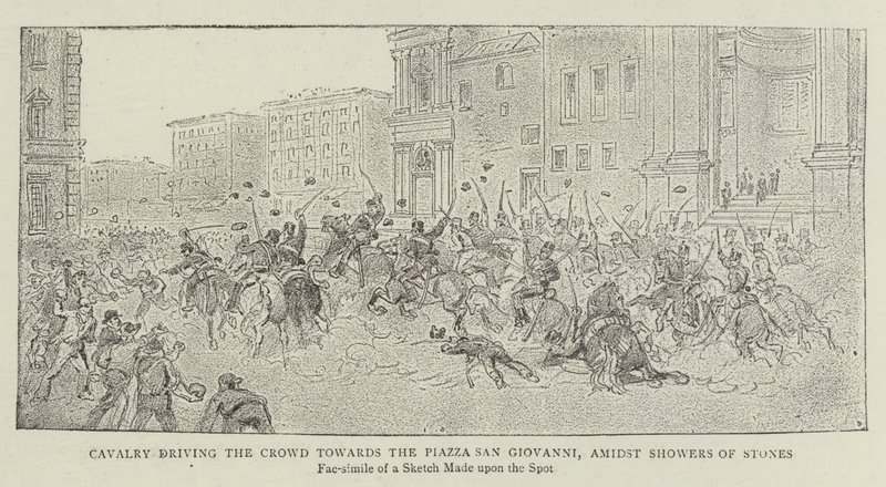 Kawaleria prowadząca tłum w kierunku Piazza San Giovanni, pośród deszczu kamieni autorstwa James A. Shearman