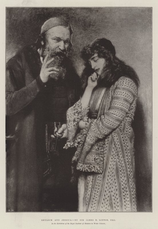 Shylock i Jessica, na wystawie Królewskiego Instytutu Malarzy w Akwareli autorstwa James Dromgole Linton