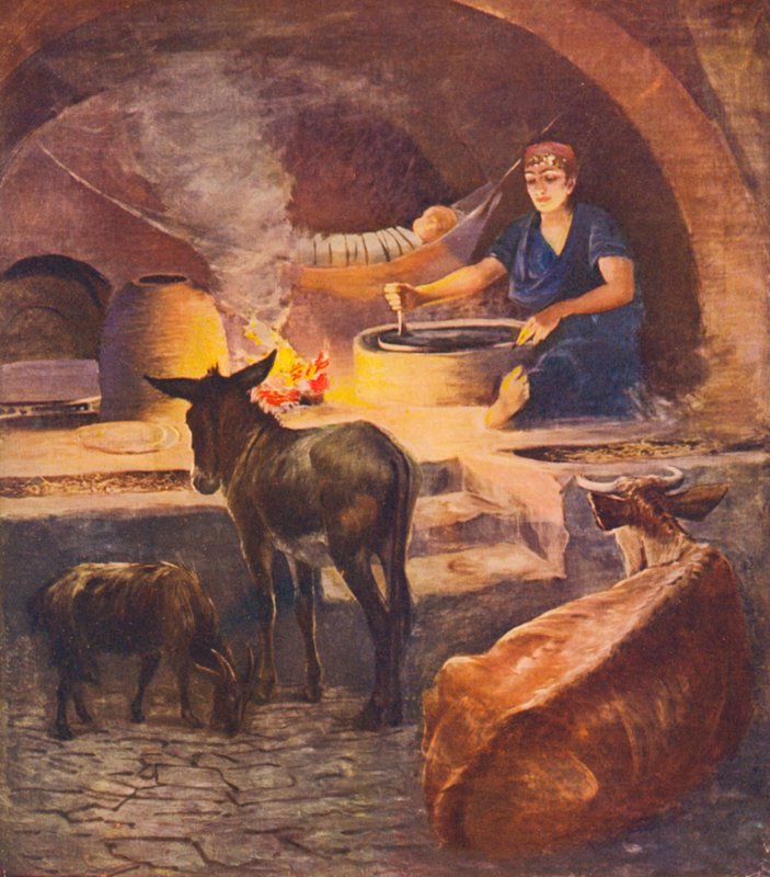 Ziemia Święta: Wnętrze domu Fellahheenów, wczesny poranek zimą (kolorowa litografia) autorstwa James (after) Clark