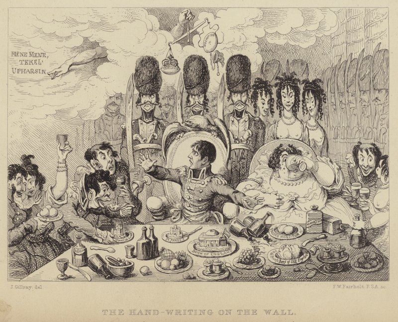 Pismo na ścianie: parodia uczty Belszazzara przedstawiająca Napoleona i jego żonę Józefinę autorstwa James (after) Gillray