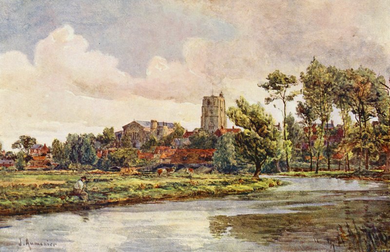 Waveney w Beccles, z kościołem św. Michała (kolorowa litografia) autorstwa James Aumonier