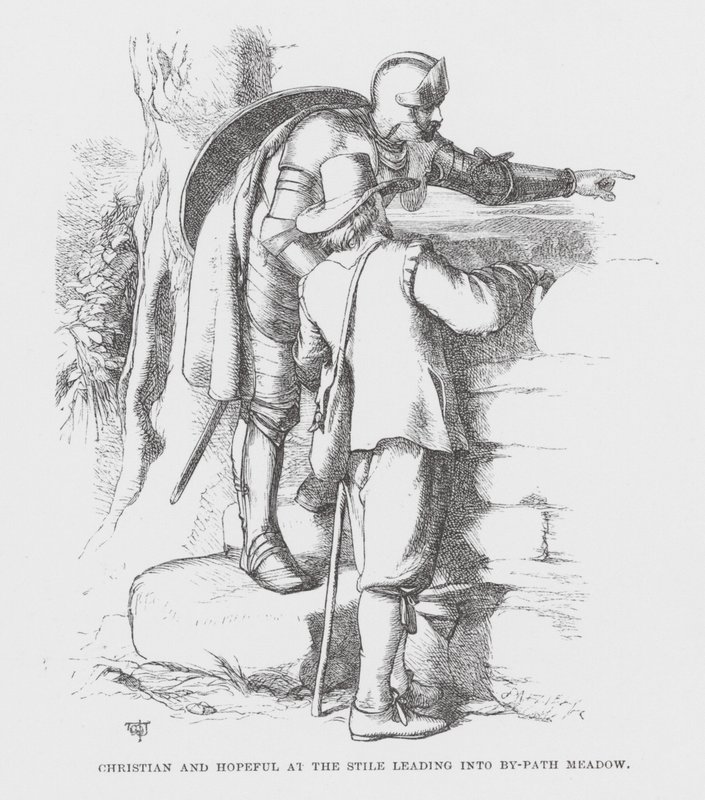 Christian i Hopeful przy palu prowadzącym do By-Path Meadow (rycina) autorstwa James Dawson Watson