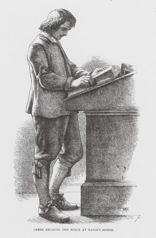 Jakub czytający Biblię w domu Gajusza (rycina) autorstwa James Dawson Watson
