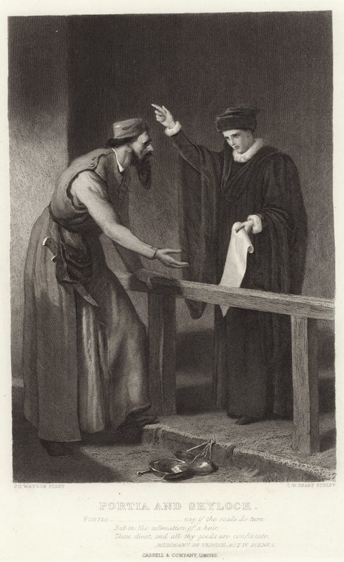 Portia i Shylock, kupiec wenecki, akt IV, scena I autorstwa James Dawson Watson