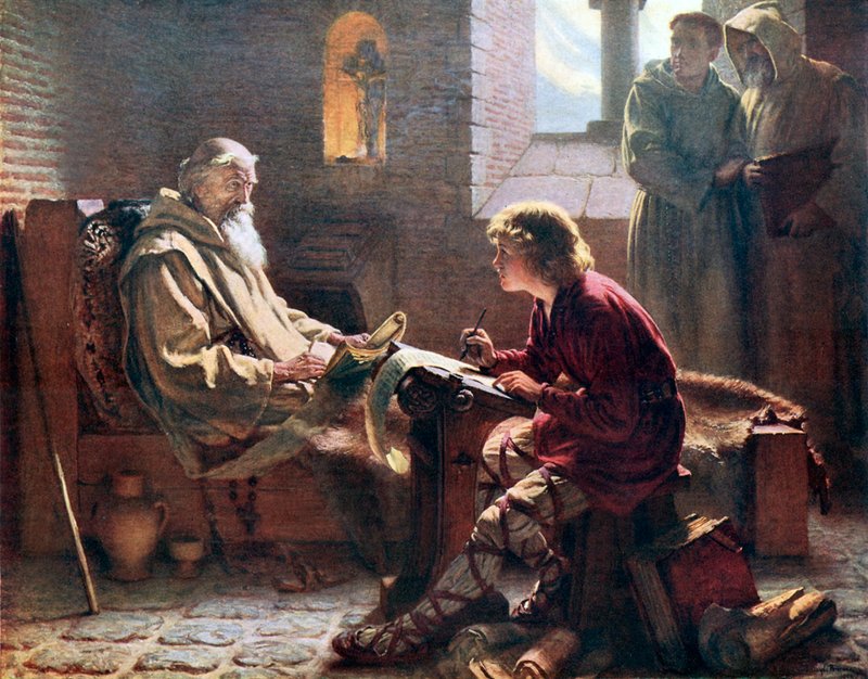 Beda Czcigodna przekłada ostatni rozdział św. Jana. Ilustracja z Zarysu chrześcijaństwa pod redakcją A S Peake et al (Waverley, ok. 1910.) autorstwa James Doyle Penrose