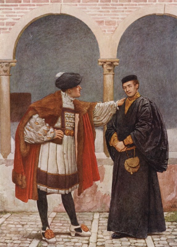 Kupiec wenecki Szekspira: Antonio i Bassanio (kolorowa litografia) autorstwa James Dromgole Linton