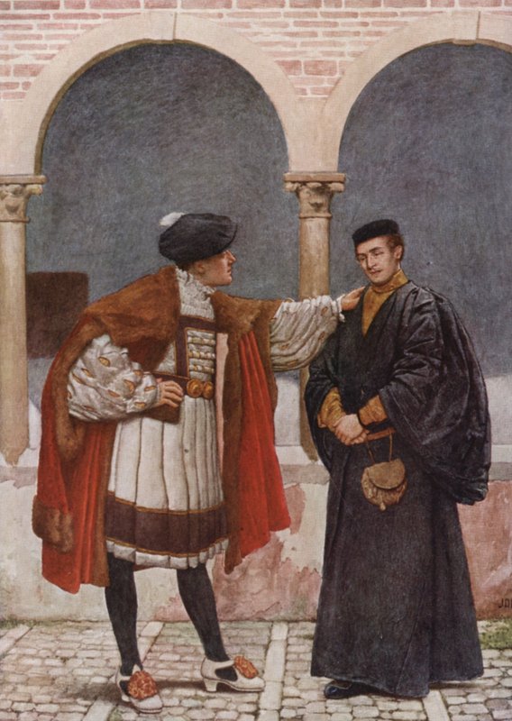 Kupiec wenecki Szekspira: Antonio i Bassanio (kolorowa litografia) autorstwa James Dromgole Linton