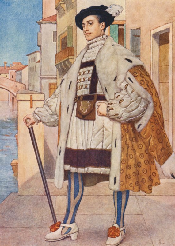 Kupiec wenecki Szekspira: Bassanio (kolorowa litografia) autorstwa James Dromgole Linton