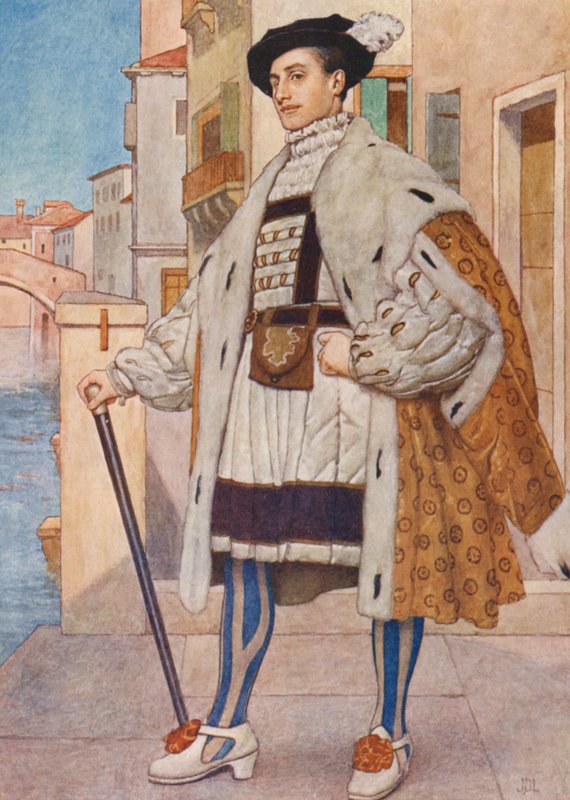 Kupiec wenecki Szekspira: Bassanio (kolorowa litografia) autorstwa James Dromgole Linton