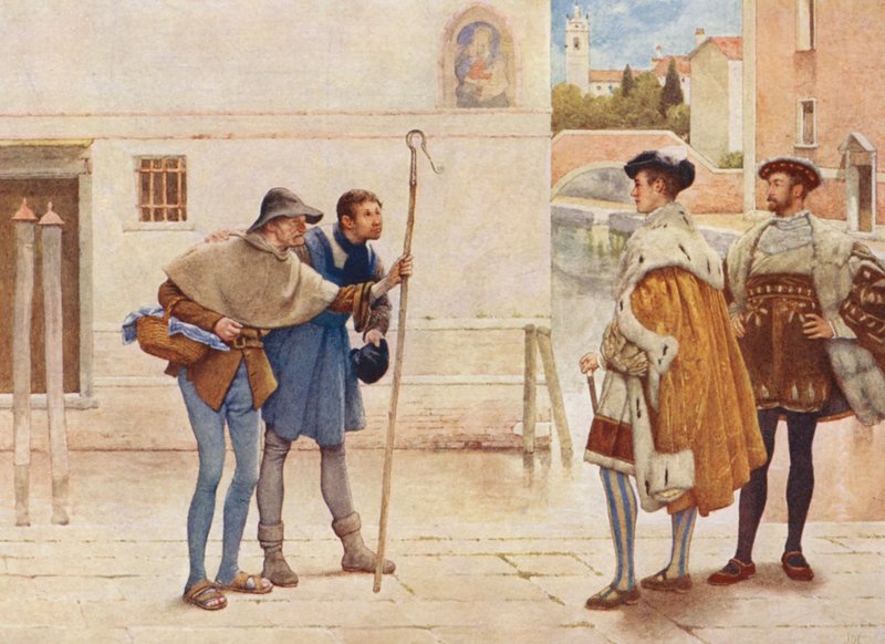Kupiec wenecki Szekspira: Bassanio, Lorenzo, Stary Gobbo i Launcelot Gobbo (kolorowa litografia) autorstwa James Dromgole Linton