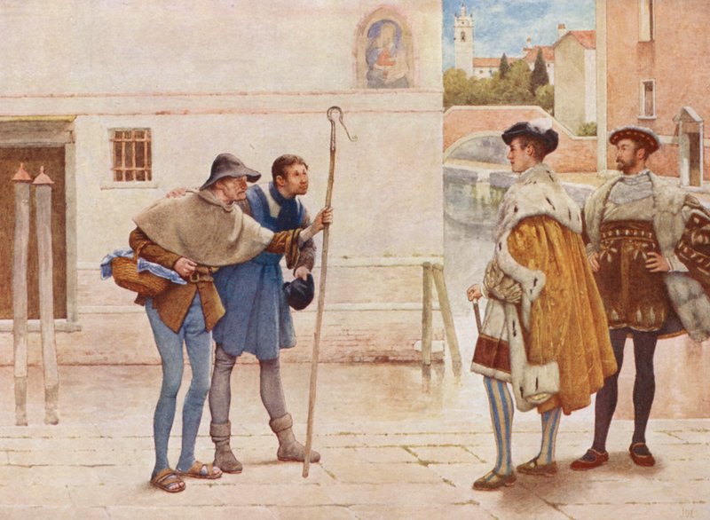 Kupiec wenecki Szekspira: Bassanio, Lorenzo, Stary Gobbo i Launcelot Gobbo (kolorowa litografia) autorstwa James Dromgole Linton