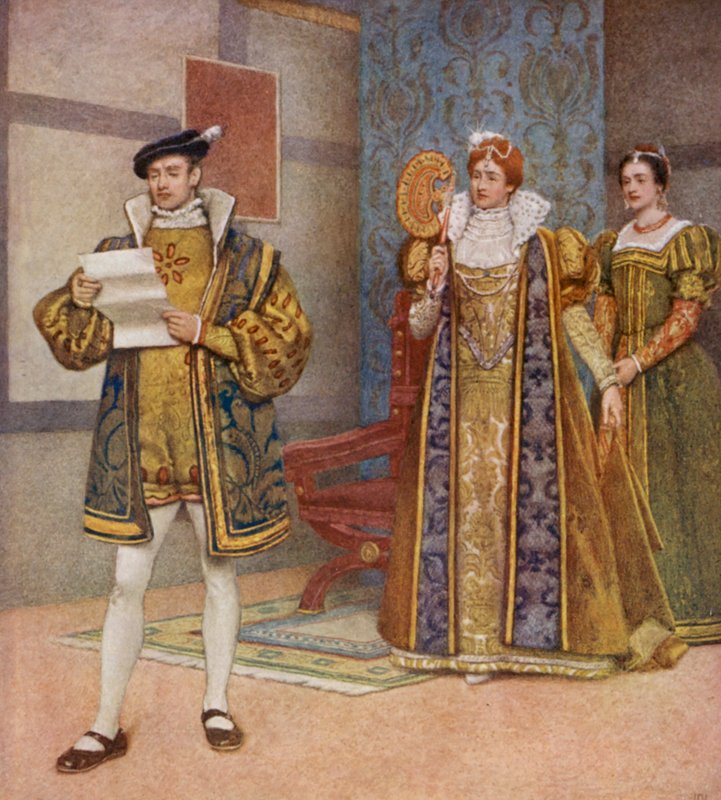 Kupiec wenecki Szekspira: Bassanio, Portia i Nerissa (kolorowa litografia) autorstwa James Dromgole Linton