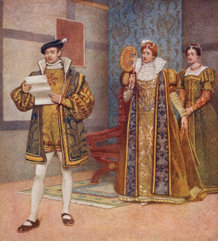 Kupiec wenecki Szekspira: Bassanio, Portia i Nerissa (kolorowa litografia) autorstwa James Dromgole Linton