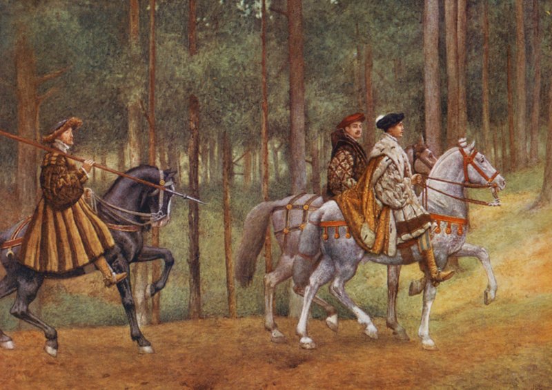 Kupiec wenecki Szekspira: Bassanio i Gratiano (kolorowa litografia) autorstwa James Dromgole Linton