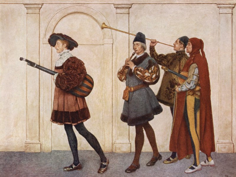 Kupiec wenecki Szekspira: Enter Musicians (kolorowa litografia) autorstwa James Dromgole Linton