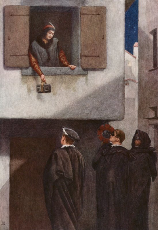 Kupiec wenecki Szekspira: Jessica, Lorenzo, Gratiano i Salarino (kolorowa litografia) autorstwa James Dromgole Linton