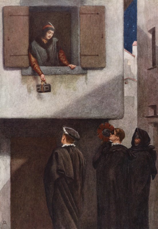 Kupiec wenecki Szekspira: Jessica, Lorenzo, Gratiano i Salarino (kolorowa litografia) autorstwa James Dromgole Linton