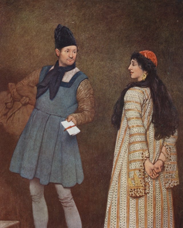 Kupiec wenecki Szekspira: Jessica i Launcelot (kolorowa litografia) autorstwa James Dromgole Linton