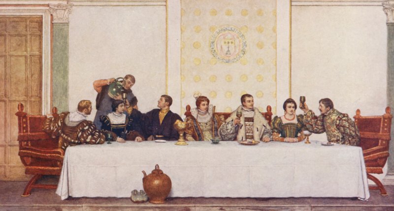 Kupiec wenecki Szekspira: Lorenzo, Jessica, Antonio, Portia, Bassanio, Nerissa i Gratiano (kolorowa litografia) autorstwa James Dromgole Linton