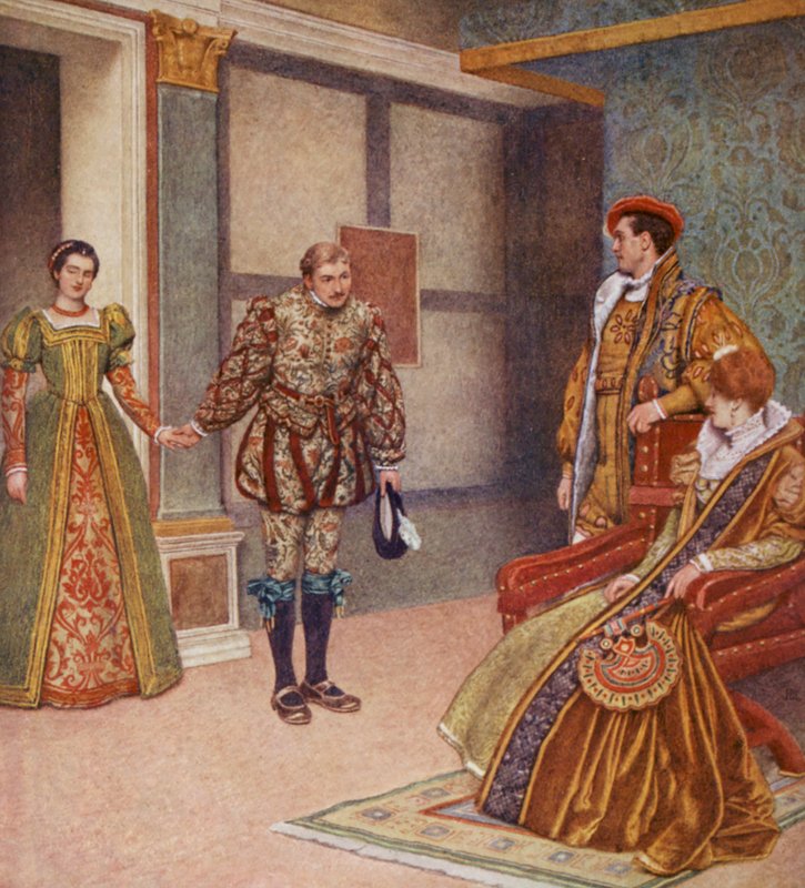 Kupiec wenecki Szekspira: Portia, Bassanio, Gratiano i Nerissa (kolorowa litografia) autorstwa James Dromgole Linton