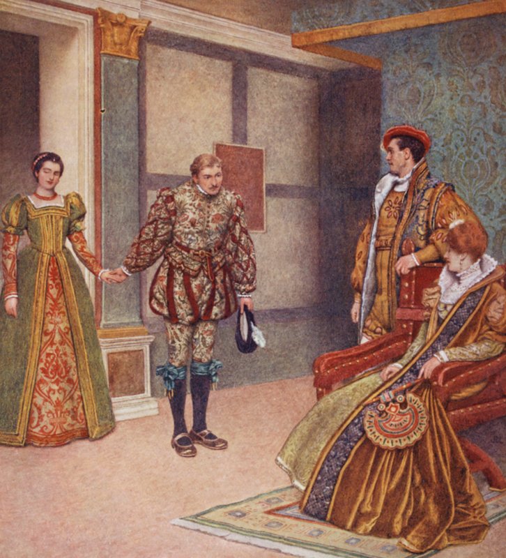 Kupiec wenecki Szekspira: Portia, Bassanio, Gratiano i Nerissa (kolorowa litografia) autorstwa James Dromgole Linton