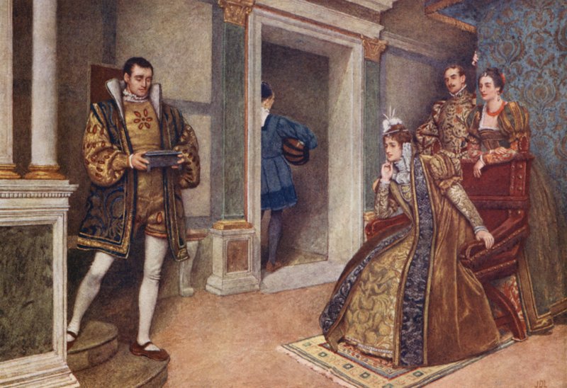 Kupiec wenecki Szekspira: Portia, Bassanio, Nerissa i Gratiano (kolorowa litografia) autorstwa James Dromgole Linton