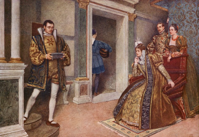 Kupiec wenecki Szekspira: Portia, Bassanio, Nerissa i Gratiano (kolorowa litografia) autorstwa James Dromgole Linton