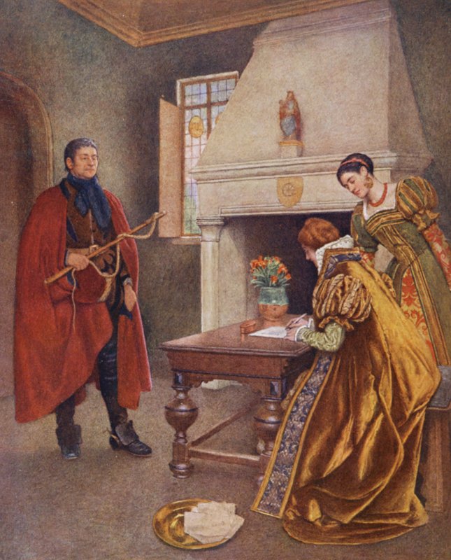 Kupiec wenecki Szekspira: Portia, Nerissa i Baltazar (kolorowa litografia) autorstwa James Dromgole Linton