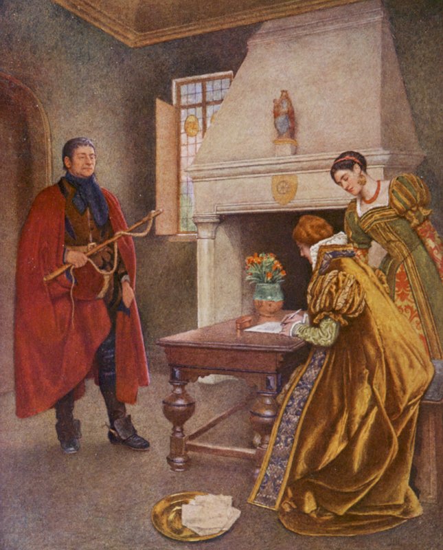 Kupiec wenecki Szekspira: Portia, Nerissa i Baltazar (kolorowa litografia) autorstwa James Dromgole Linton