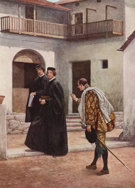 Kupiec wenecki Szekspira: Portia, Nerissa i Gratiano (kolorowa litografia) autorstwa James Dromgole Linton