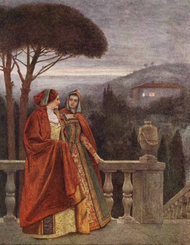 Kupiec wenecki Szekspira: Portia i Nerissa (kolorowa litografia) autorstwa James Dromgole Linton