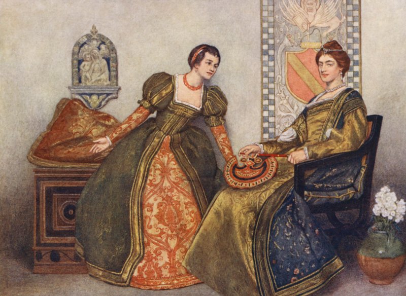 Kupiec wenecki Szekspira: Portia i Nerissa (kolorowa litografia) autorstwa James Dromgole Linton