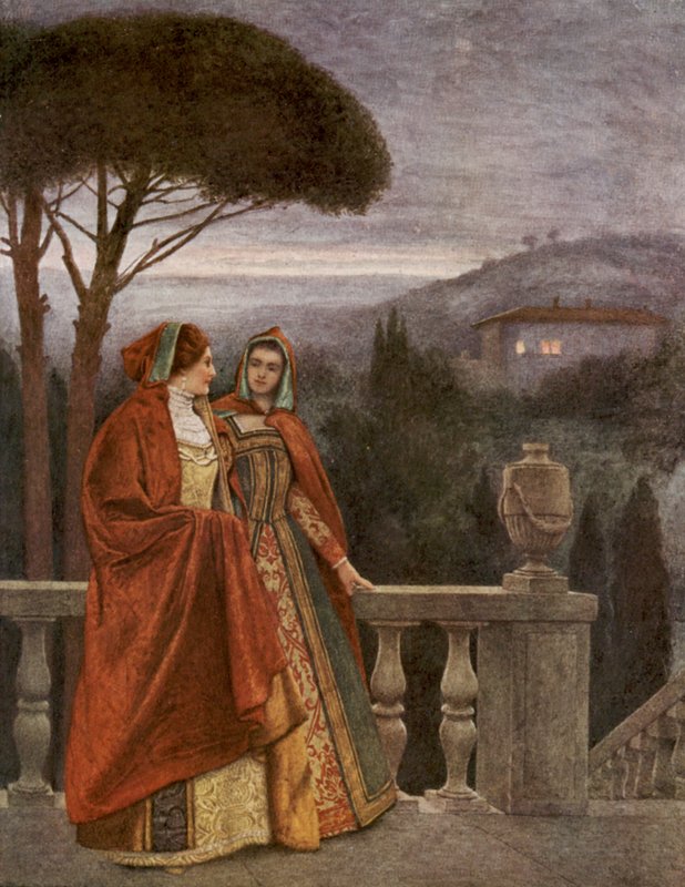Kupiec wenecki Szekspira: Portia i Nerissa (kolorowa litografia) autorstwa James Dromgole Linton