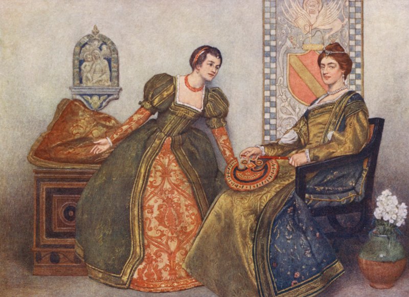 Kupiec wenecki Szekspira: Portia i Nerissa (kolorowa litografia) autorstwa James Dromgole Linton